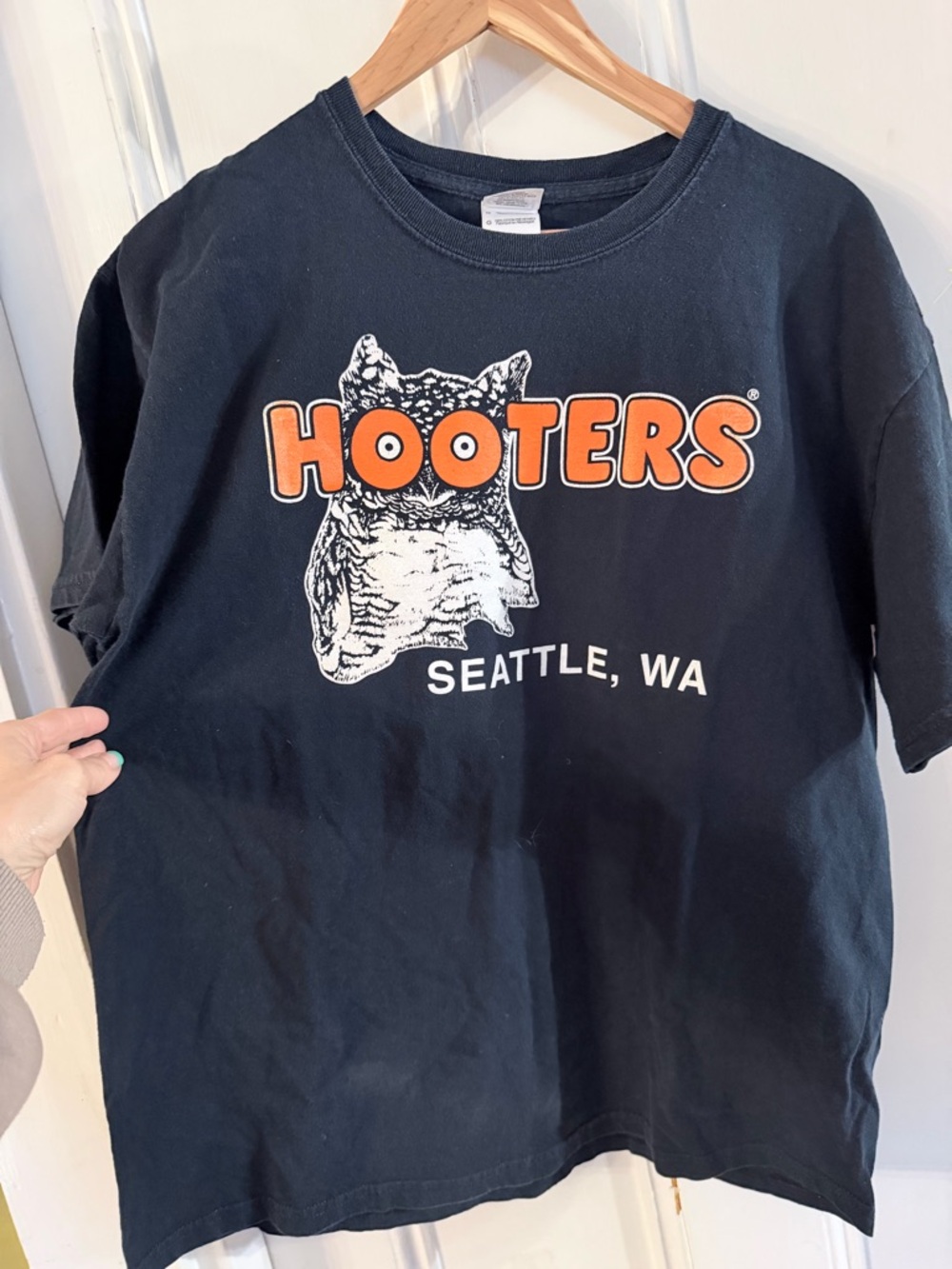 Hooters Black Tee with Orange Logo and White Owl - Seattle WA